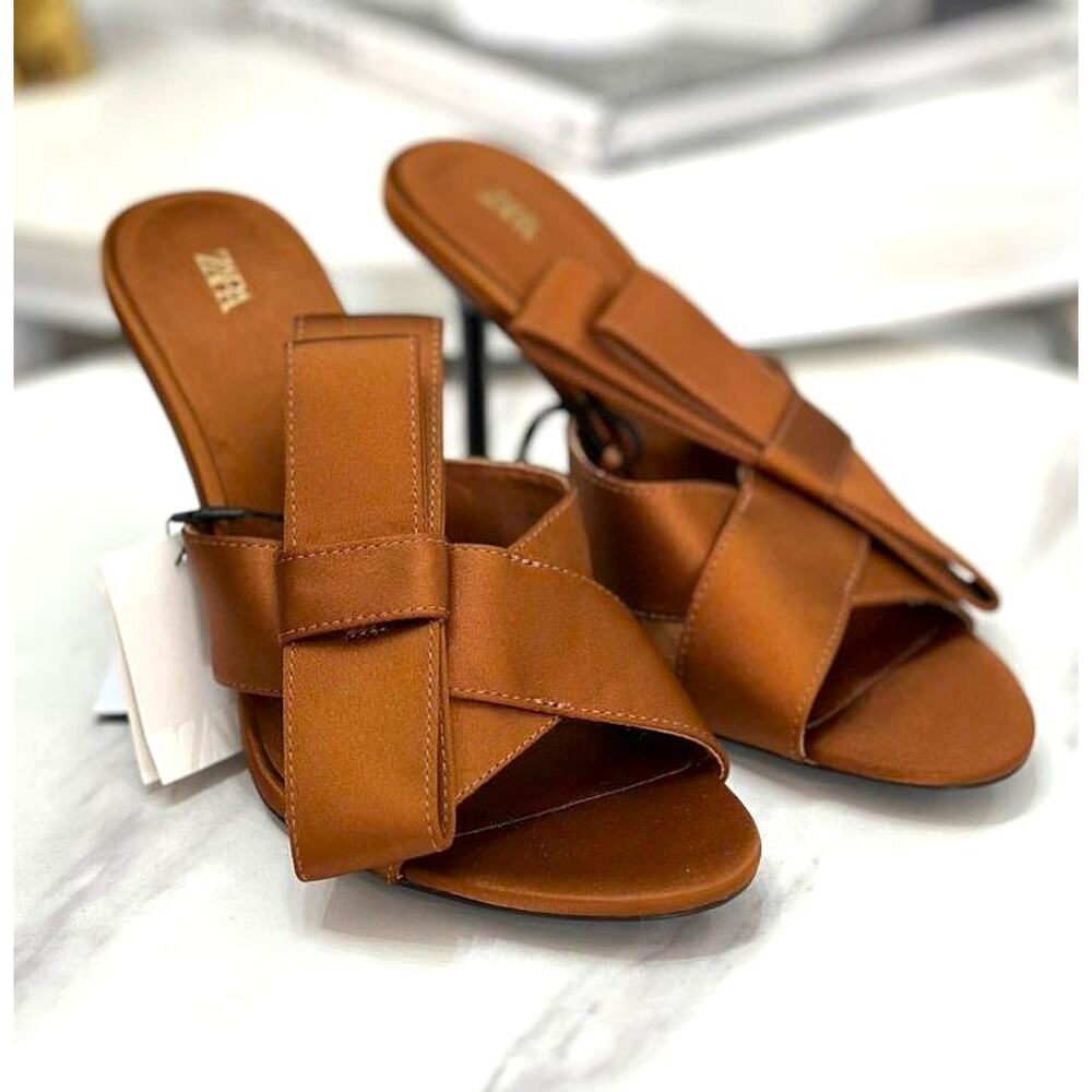 ZARA Satin Brown Heels NWT | Crossover Strap with Bow Detail - Picture 13 of 16